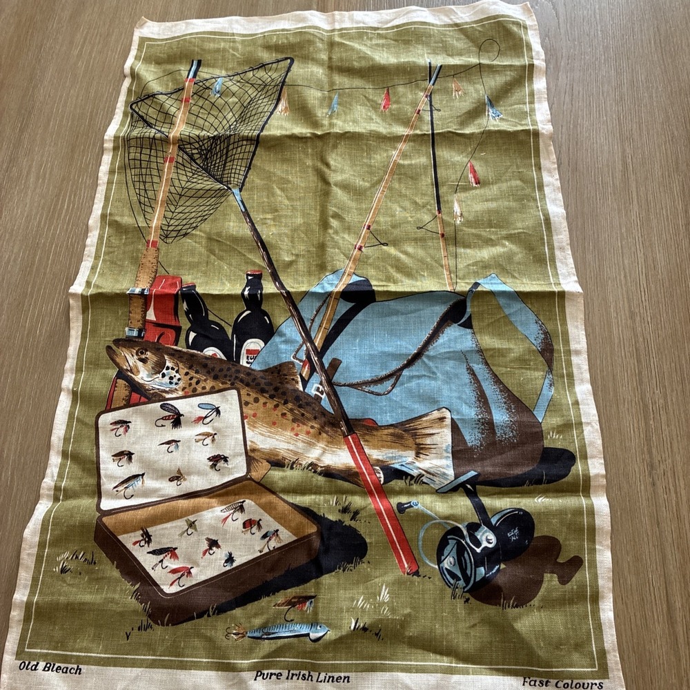 VTG Old Bleach Pure Irish Linen Tea Towel Green Fishing Fish Lures Net 20x30"